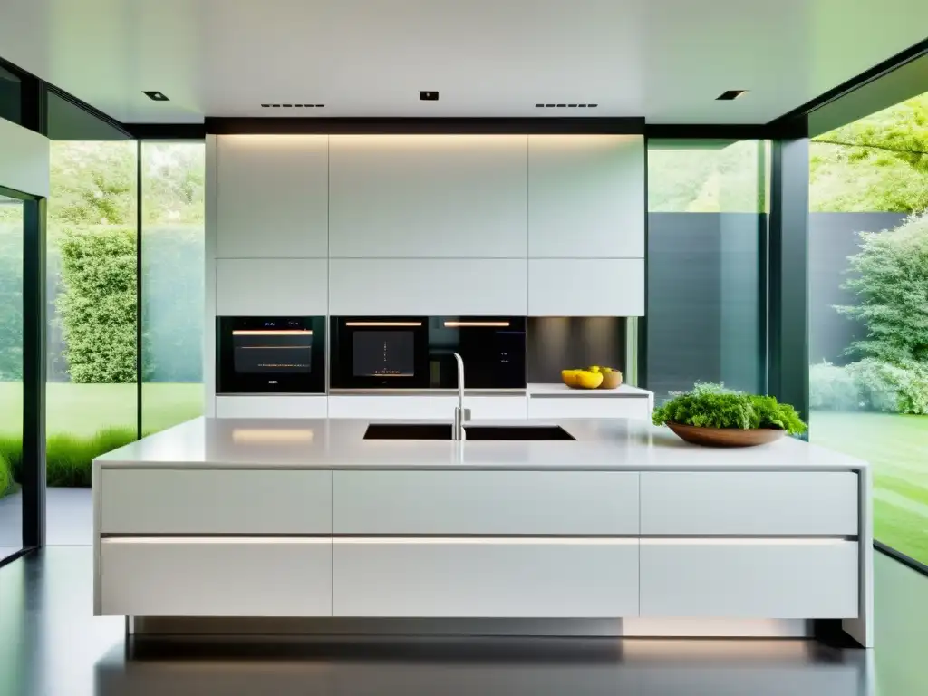 Cocina ultramoderna con electrodomésticos inteligentes y diseño minimalista Una cocina ultramoderna con electrodomésticos inteligentes de acero inoxidable integrados en gabinetes blancos minimalistas