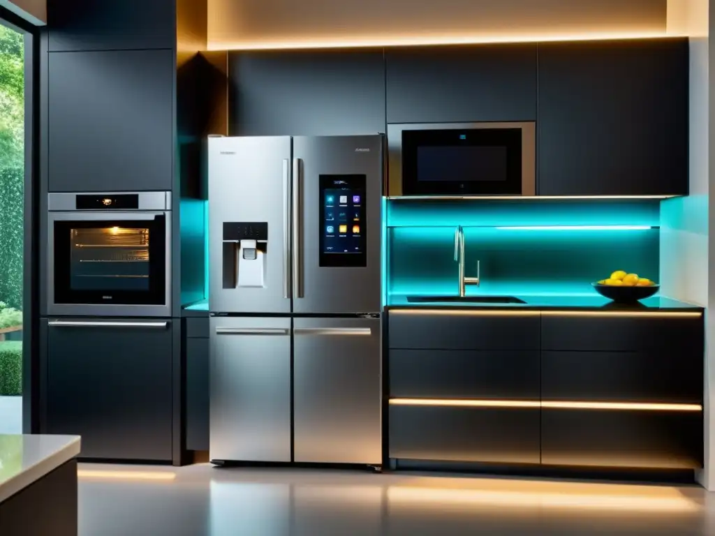Cocina futurista con electrodomésticos inteligentes y diseño vanguardista Una cocina ultramoderna con los mejores electrodomésticos inteligentes de seguridad, exudando sofisticación y tecnología de vanguardia