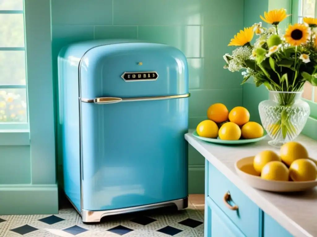 Cocina retro con nevera azul pastel: moderna nostalgia Una cocina vibrante con electrodomésticos retro para el hogar, incluyendo un refrigerador azul pastel como punto focal