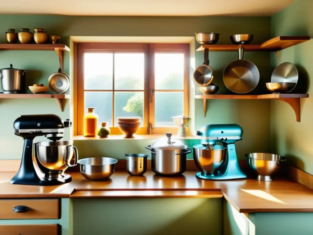 Cocina vintage: evolución de utensilios de cocina Una cocina vintage con batidoras y procesadoras de alimentos antiguas, iluminada por una cálida luz solar