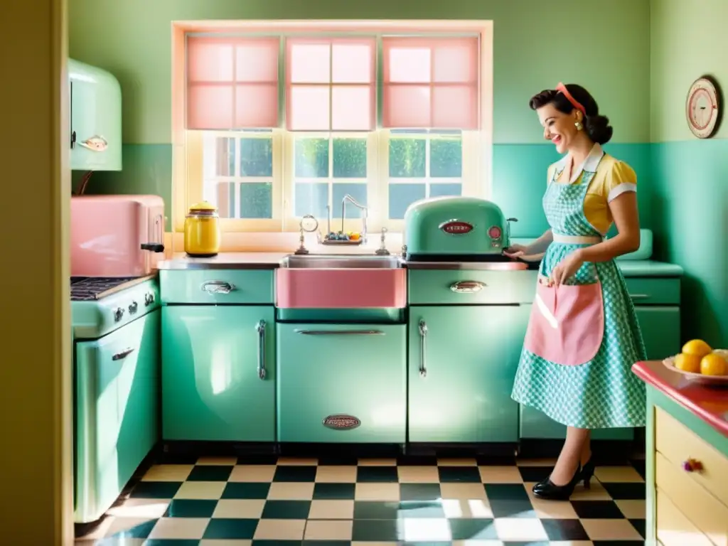 Cocina vintage con electrodomésticos retro y mujer sonriente Una cocina vintage con electrodomésticos retro, una mujer sonriente prepara una comida