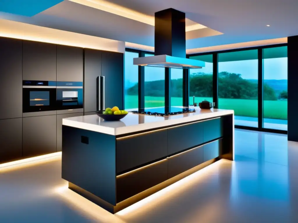 Cocina moderna con electrodomésticos remotos y domótica Cocinas a control remoto tecnología: Cocina moderna con electrodomésticos y funciones de automatización doméstica de vanguardia