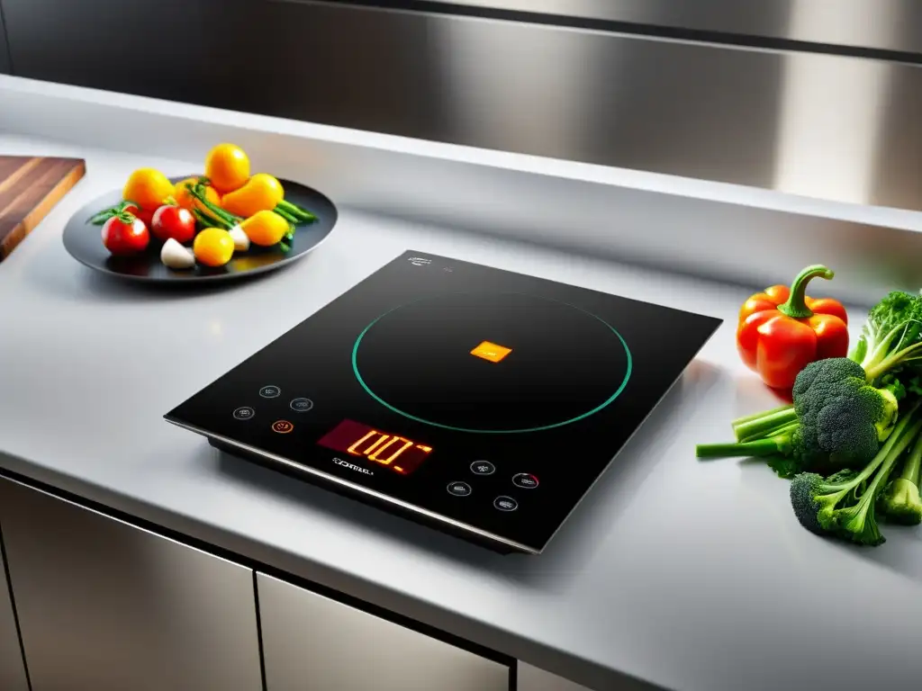 Inducción moderna: Precisa cocción y diseño contemporáneo Cocinas de inducción vs gas eficiencia: Cocina moderna de inducción con control de temperatura y verduras salteadas, reflejando eficiencia y precisión
