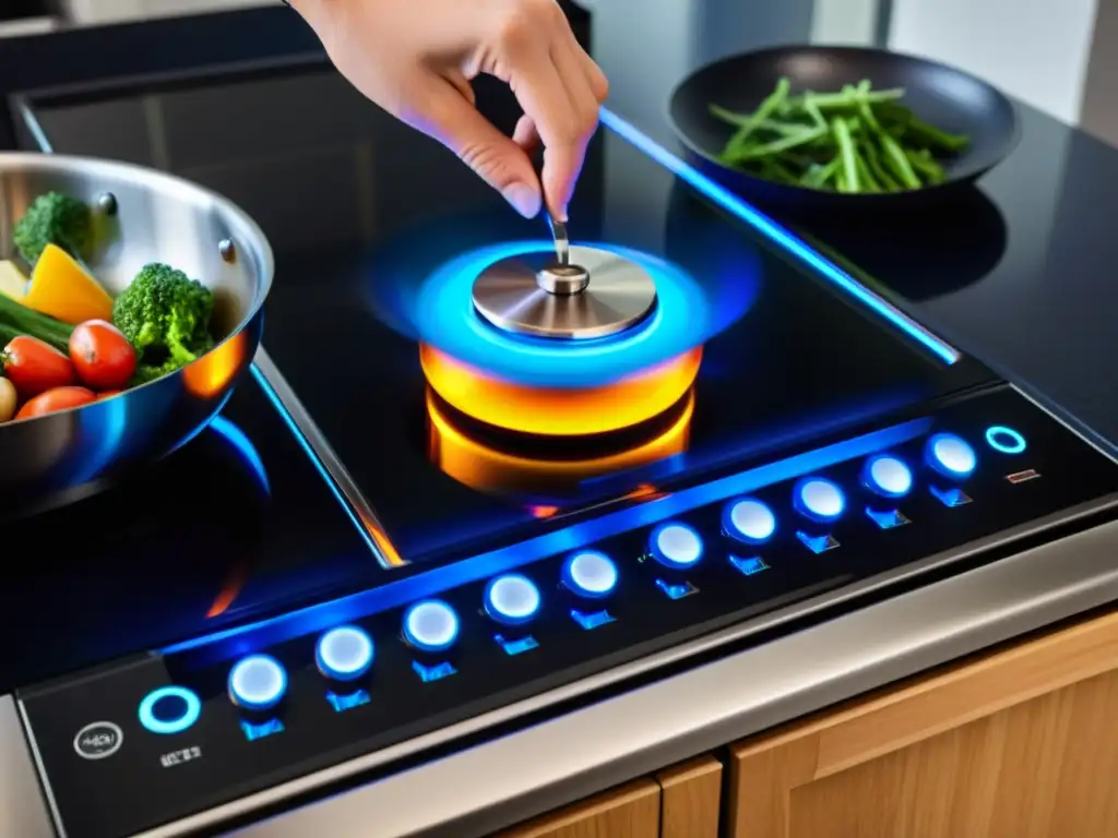 Control preciso y fuego vibrante: arte culinario en acción Un cocinero ajusta la perilla de control en una estufa de inducción negra, con llama azul y verduras coloridas
