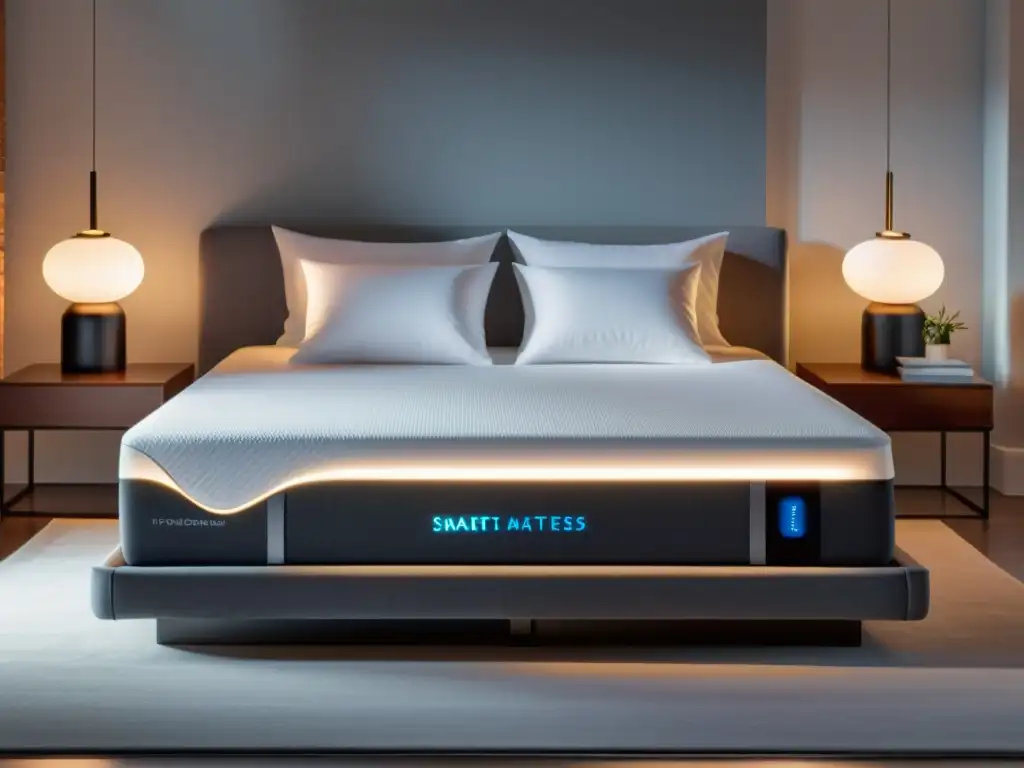 Colchón inteligente de lujo con LED integrado y seguimiento del sueño Colchón inteligente con luces LED, rastreo de sueño y ajuste de firmeza, en un elegante dormitorio con luz natural