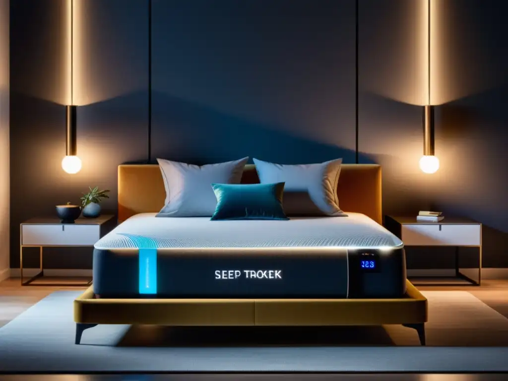 Sofisticada cama inteligente con tecnología de vanguardia Un colchón inteligente de lujo en un dormitorio moderno con iluminación ambiental