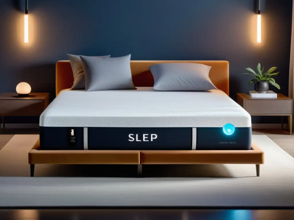 Colchón inteligente de alta tecnología con seguimiento del sueño Un colchón inteligente moderno y lujoso en un ambiente contemporáneo con descuentos en colchones inteligentes