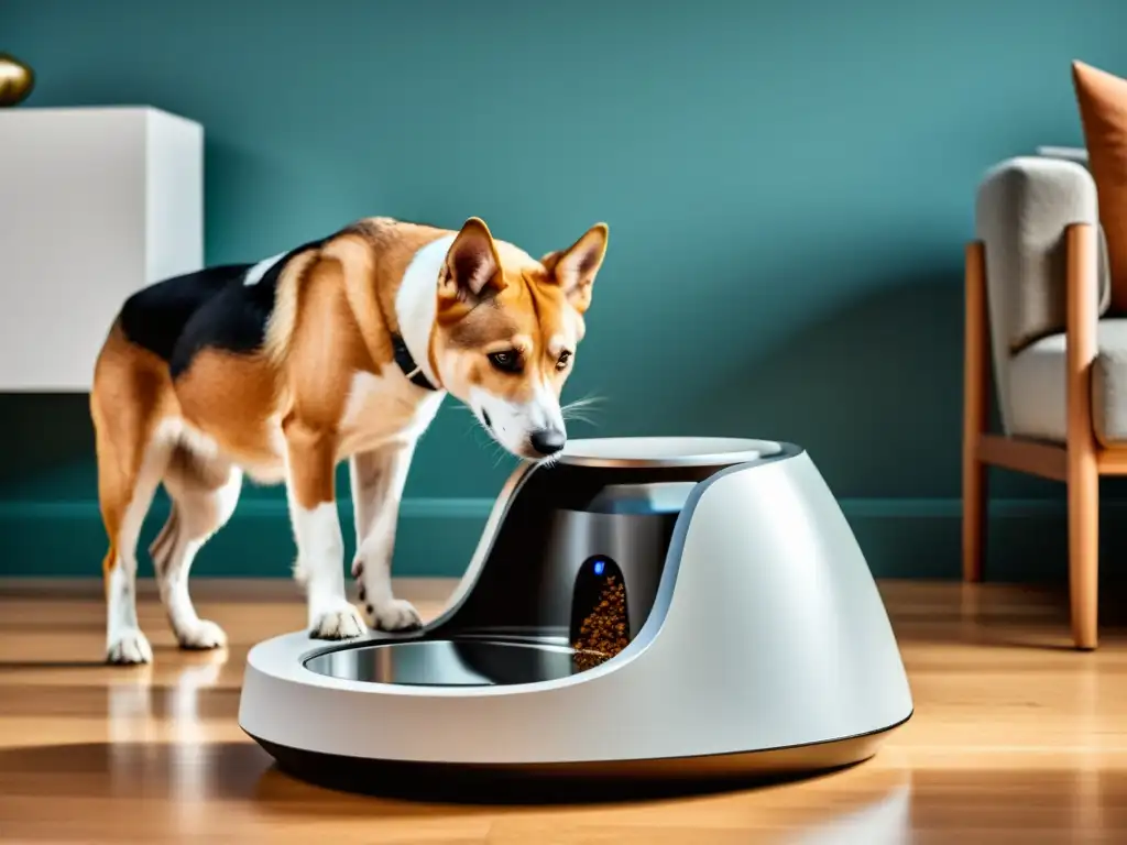 Un comedero moderno para mascotas con cámara integrada y conectividad a la aplicación, en un ambiente hogareño contemporáneo