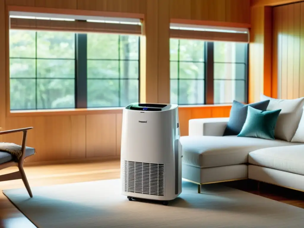 Sofisticado salón con acondicionadores de aire portátiles Comparativa aire acondicionado portátil Honeywell en moderno salón minimalista con luz natural suave