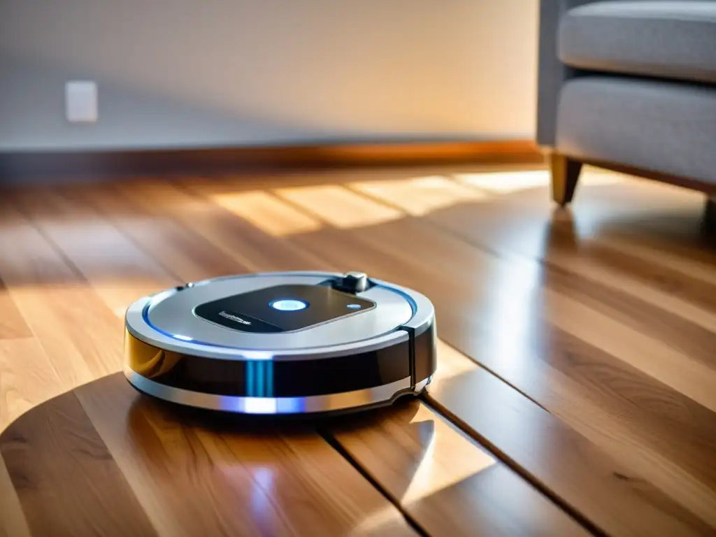 Robot aspirador moderno vs Comparativa robot aspirador vs aspiradora tradicional: Un robot moderno y elegante se desliza sin esfuerzo por un suelo de madera limpia, con su pantalla LED iluminada y un rastro de polvo y suciedad siendo succionado en su depósito transparente