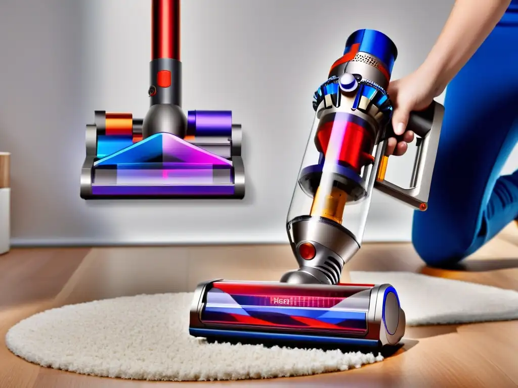 Comparación: Dyson V11 vs V10, avance tecnológico Comparativa aspiradoras sin cable Dyson: V11 y V10 lado a lado, resaltando diseño moderno y características clave, evocando innovación tecnológica