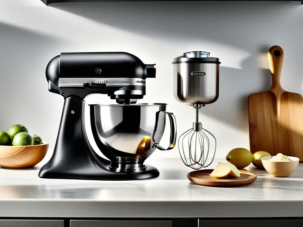 Comparativa batidoras multifuncionales vs tradicionales: Cocina moderna con batidoras y utensilios perfectamente organizados