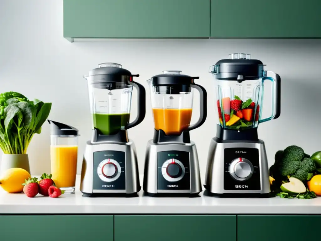 Blenders profesionales: potencia y diseño moderno en la cocina Comparativa batidoras de vaso Bosch Oster: Blenders modernos rodeados de ingredientes frescos, resaltando su calidad profesional