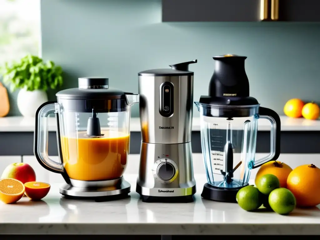 Batidora de alta potencia y mezclador de mano en cocina moderna Comparativa de batidoras de vaso y de mano, potencia en la cocina moderna con frutas y verduras frescas