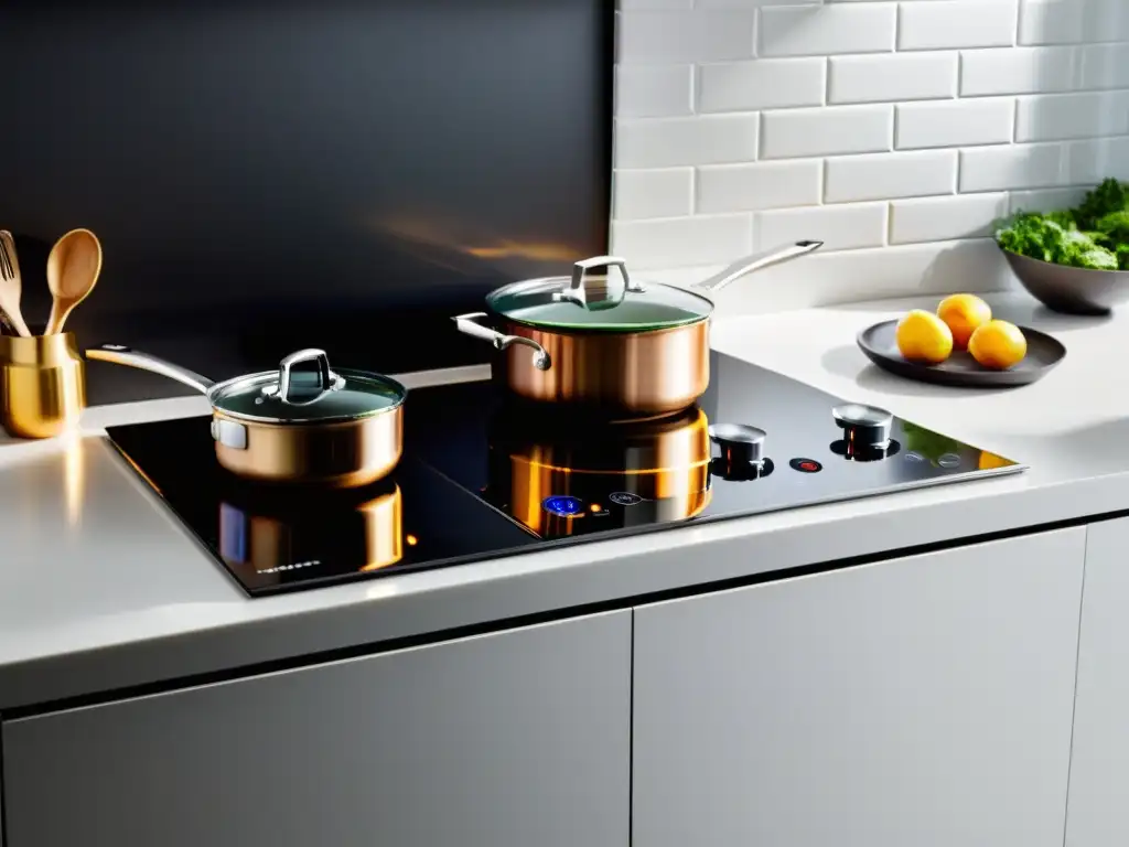 Comparación entre cocina de inducción y cocina a gas en una encimera blanca Comparativa cocinas inducción vs gas: contraste entre tecnologías moderna y tradicional en encimera blanca limpia
