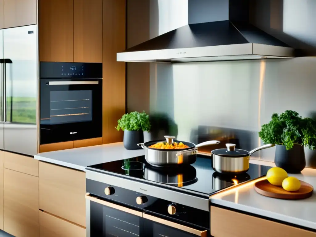Cocina moderna con estufa tradicional y cooktop inteligente Comparativa electrodomésticos tradicionales vs inteligentes: Contraste entre estufa clásica de acero y moderna cocina de inducción inteligente