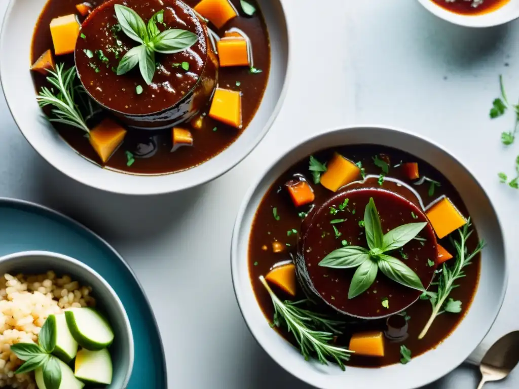 Duelo culinario: Presión vs Comparativa de ollas a presión y ollas lentas con platos vibrantes y caramelizados, presentados en elegantes cuencos modernos
