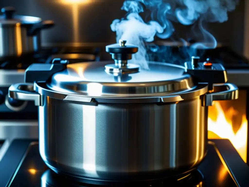 Moderno olla de presión de acero inoxidable en cocina luminosa Comparativa ollas a presión ollas lentas: Moderna olla a presión de acero inoxidable en estufa con vapor y cierre seguro