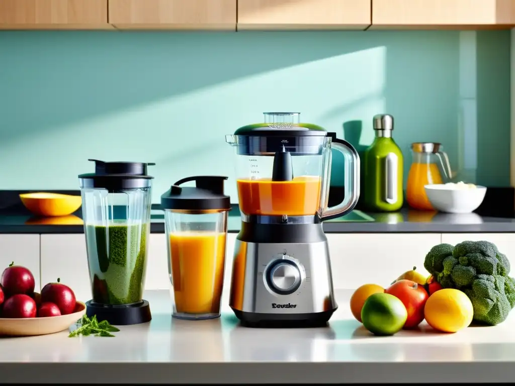 Potente batidora y mezcladora en una cocina moderna Comparativa de potencia entre batidoras de vaso y de mano en cocina moderna con luz natural