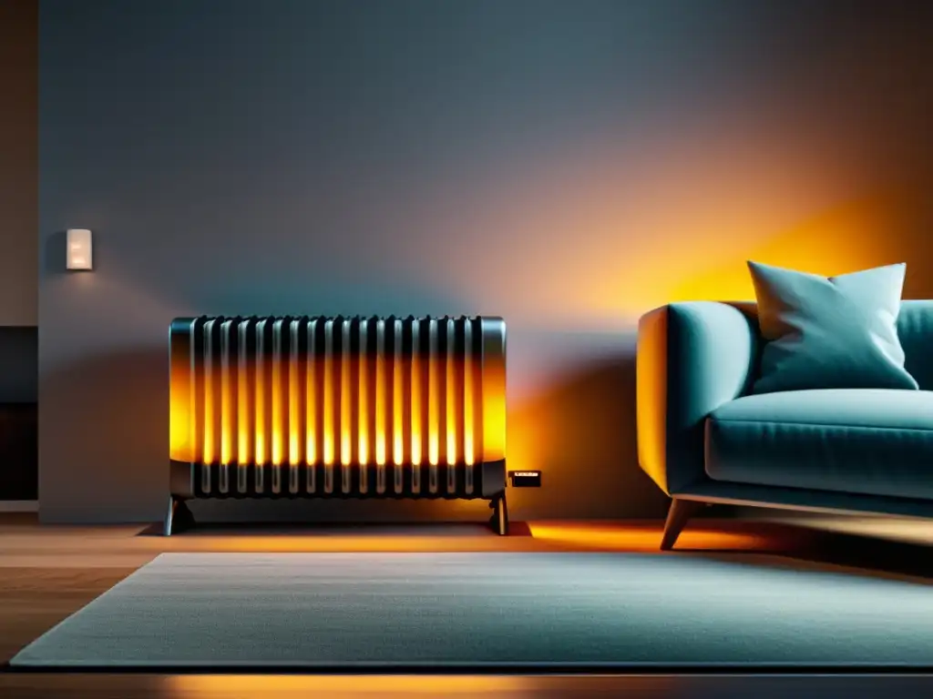 Comparación de radiador de aceite y calefactor eléctrico en salón moderno Comparativa radiadores aceite vs convectores eléctricos: Imagen detallada de sala moderna con cálida iluminación, mostrando opciones de calefacción
