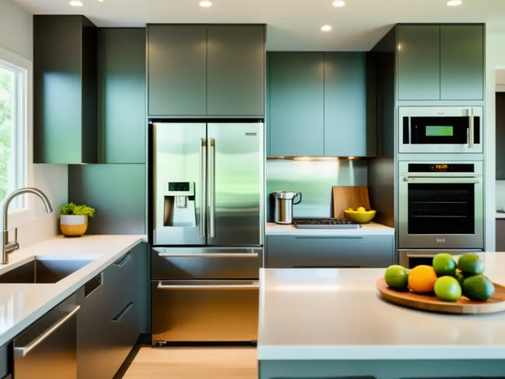 Compra responsable de electrodomésticos sostenibles en una cocina moderna y eficiente, con líneas limpias y diseño minimalista