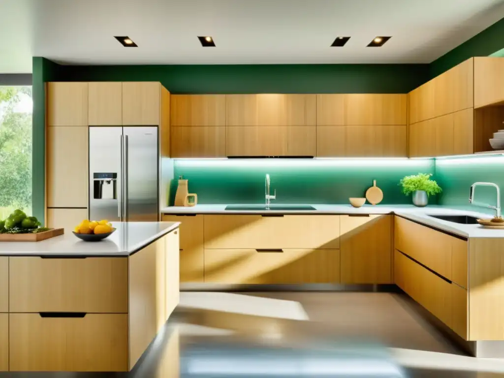 Compra responsable de electrodomésticos sostenibles en moderna cocina ecoamigable con electrodomésticos de acero inoxidable y gabinetes de bambú