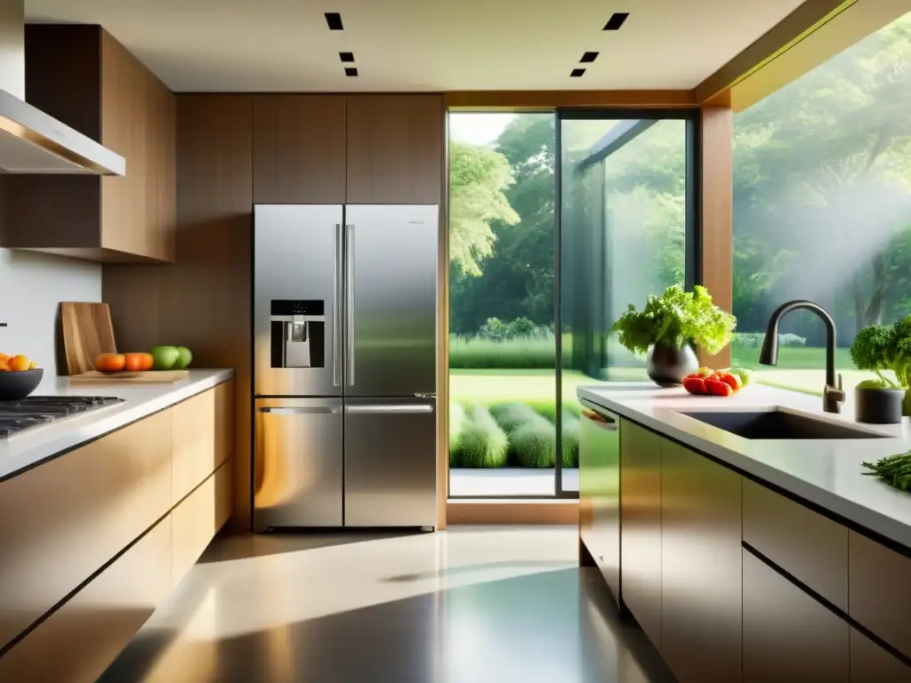 Cocina eco-friendly: diseño moderno con tecnología sostenible Conceptos electrodomésticos sustentables en una cocina moderna y luminosa con vistas al jardín