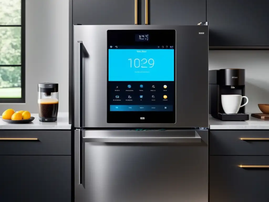 Configuración electrodomésticos inteligentes principiantes: Cocina moderna con electrodomésticos integrados, iluminación suave y líneas limpias