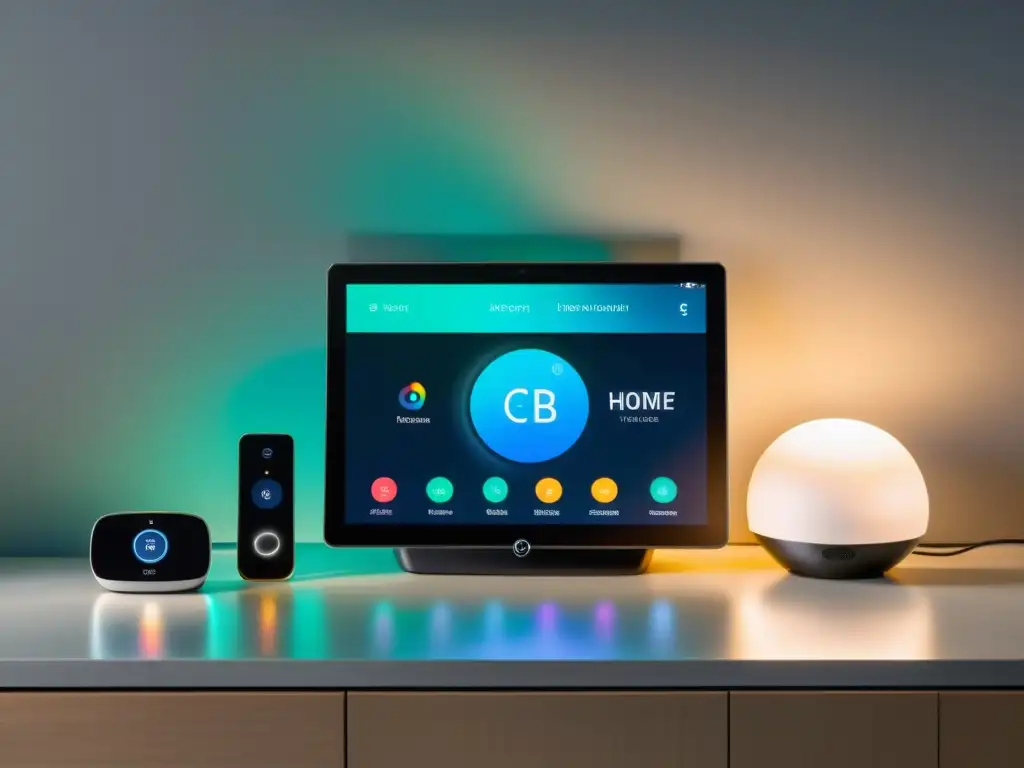 Central de control de hogar inteligente: interconexión y sofisticación Una configuración de hogar inteligente moderna con dispositivos conectados y un panel de control central, mostrando la interoperabilidad en domótica