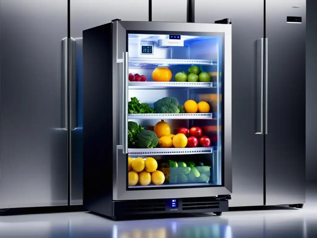 Congelador doméstico de acero inoxidable con diseño futurista y almacenamiento organizado Un congelador doméstico de acero inoxidable con frutas, verduras y carnes congeladas perfectamente organizadas, iluminado suavemente