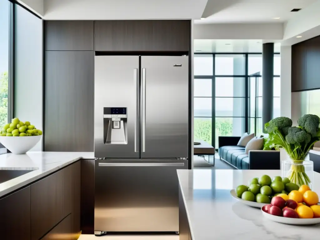 Frigorífico moderno con alimentos congelados organizados Un congelador doméstico de acero inoxidable avanzado tecnológicamente, repleto de alimentos congelados en una cocina moderna y minimalista