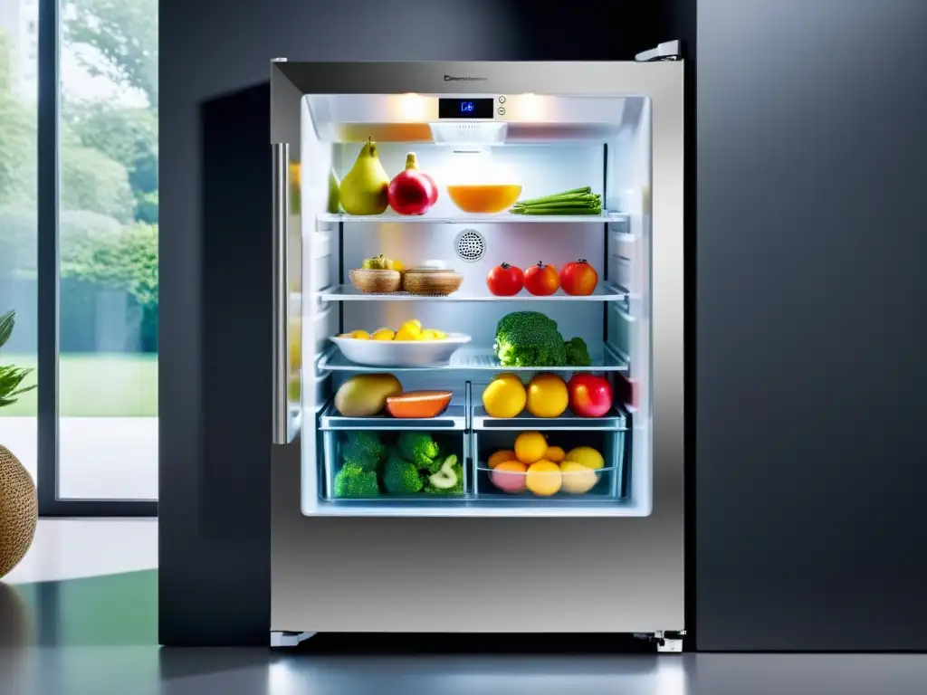 Congelador doméstico de diseño moderno con puerta de vidrio Congelador doméstico de diseño moderno con avances tecnológicos, iluminación LED y alimentos congelados organizados en estantes sin escarcha