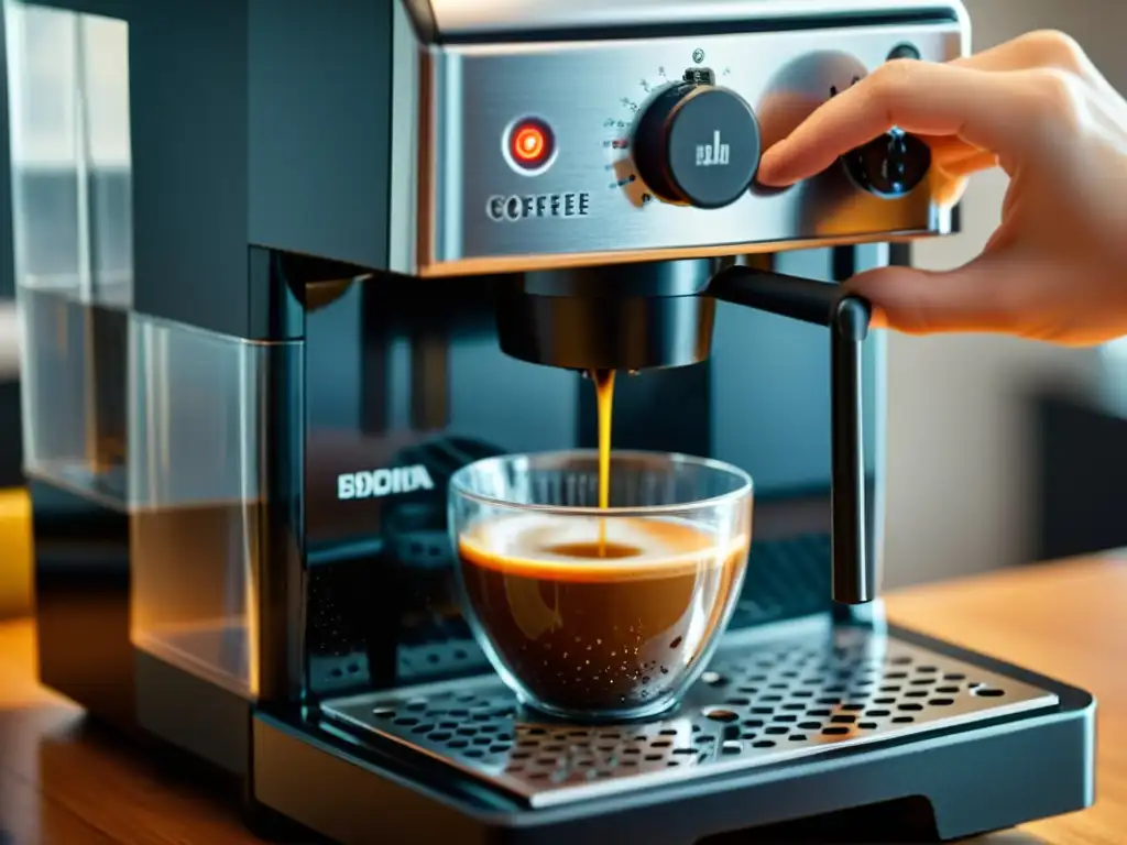 Limpieza meticulosa de cafetera: mano detallada Consejos para el mantenimiento de electrodomésticos: Mano limpia con detalle una cafetera, mostrando cuidado y sofisticación