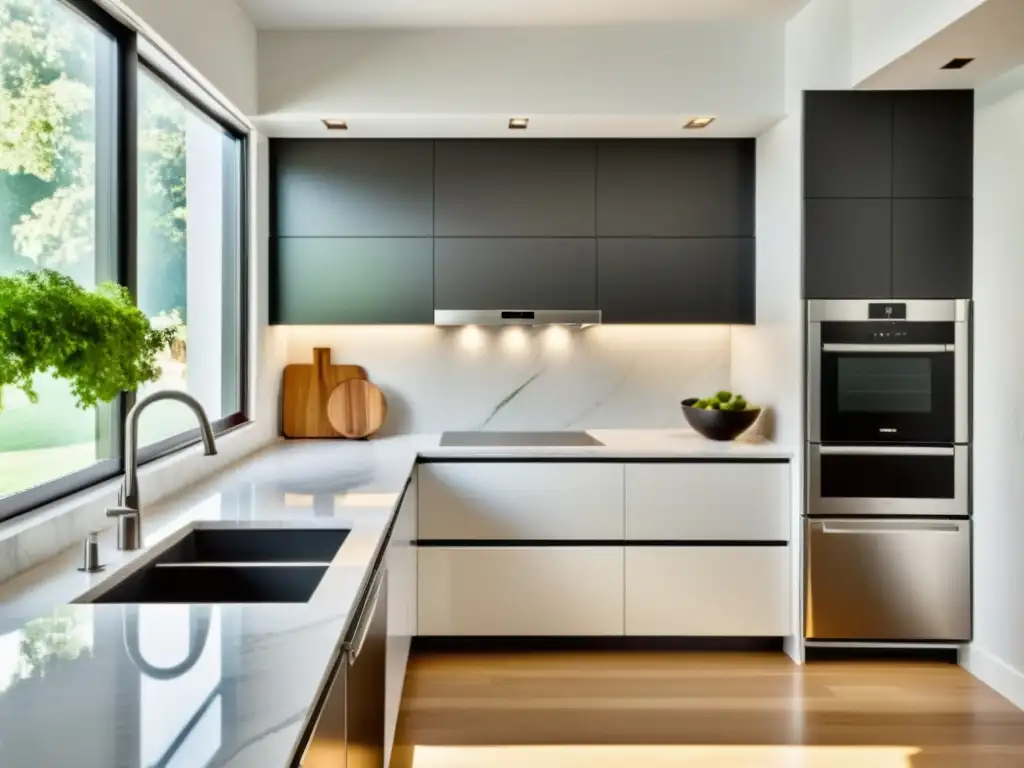 Cocina moderna de acero inoxidable con luz natural Consejos mantenimiento electrodomésticos vida útil: Cocina moderna con electrodomésticos de acero inoxidable, relucientes bajo la luz natural