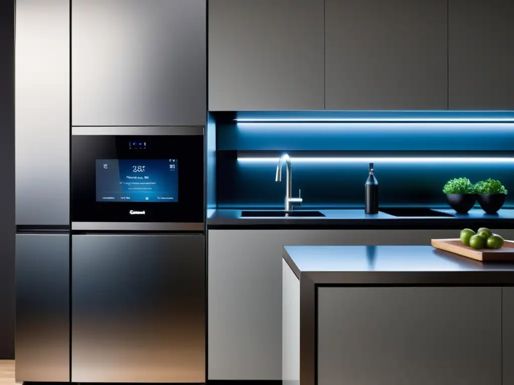 Cocina moderna con electrodomésticos integrados y pantallas táctiles Evolución de controles de electrodomésticos: cocina moderna con electrodomésticos integrados de diseño futurista y tecnológico