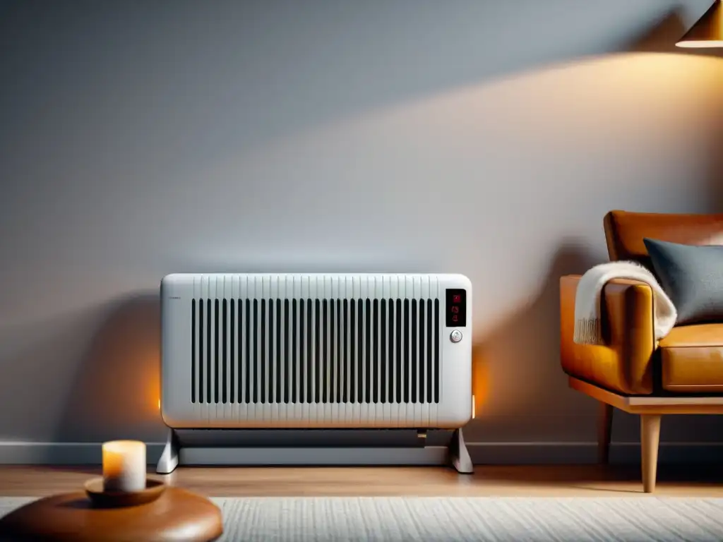 Calidez moderna: convector eléctrico en sala acogedora Convector eléctrico moderno en pared blanca, con pantalla digital mostrando temperatura y eficiencia