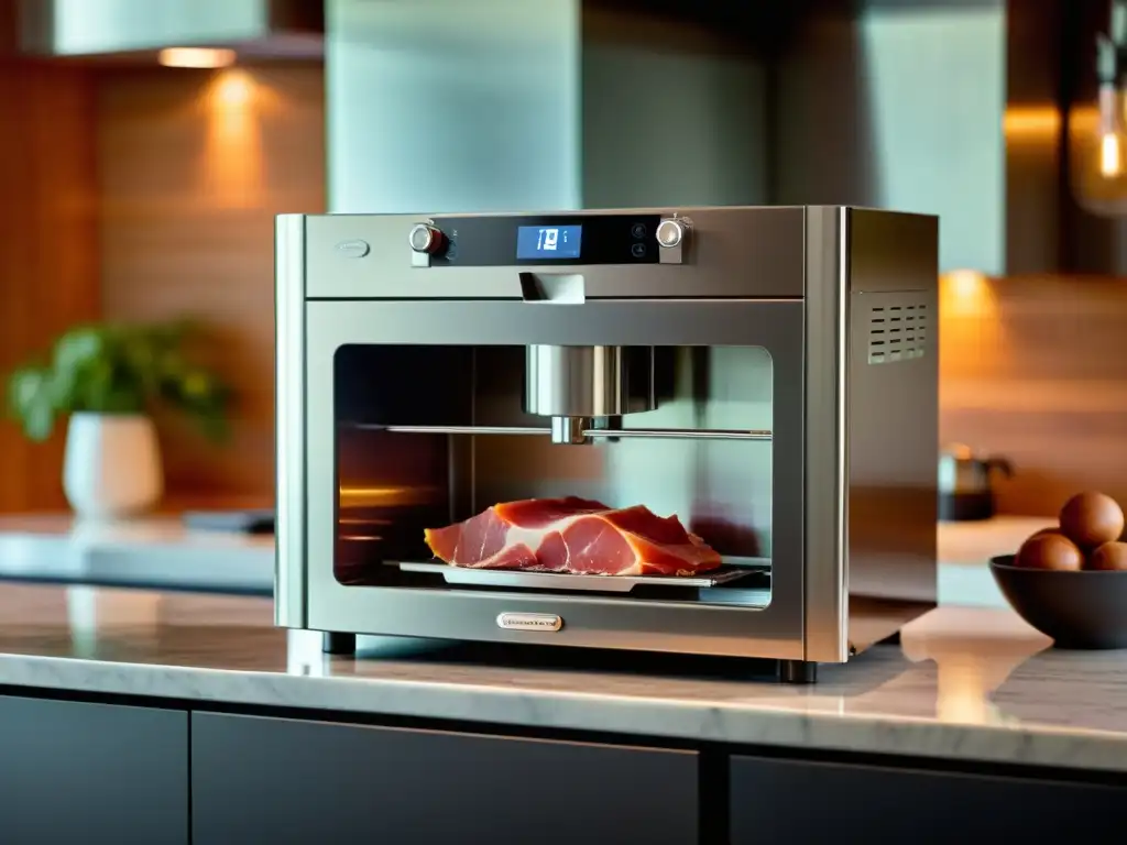 Un cortafiambre doméstico de precisión en una elegante cocina, con prosciutto y una cuchilla de acero inoxidable brillante