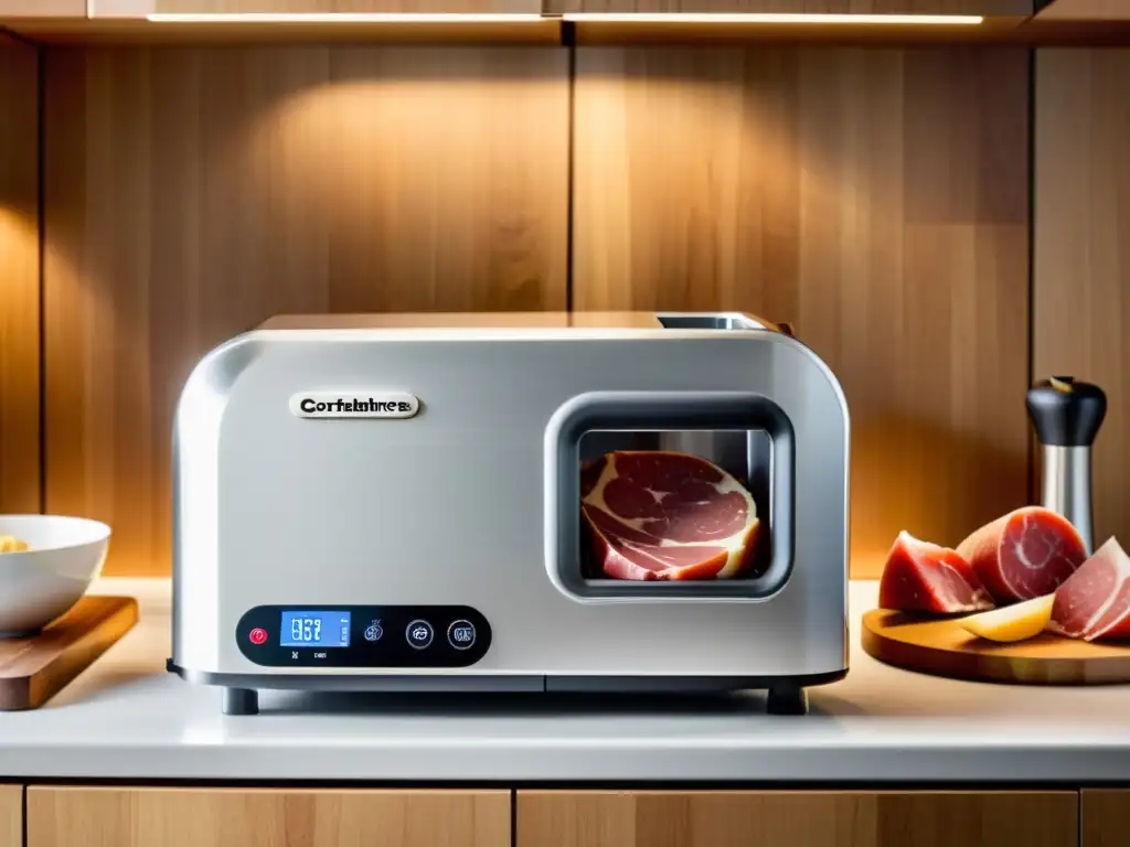 Cortafiambres doméstico de precisión en una cocina limpia y luminosa, rebanando fiambres y quesos en una tabla de cortar de madera