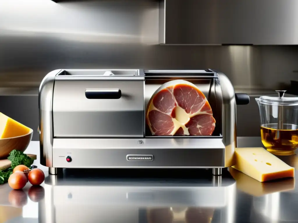 Un cortafiambres doméstico de precisión en acción, cortando con elegancia una variedad de carnes y quesos, en una cocina moderna y elegante