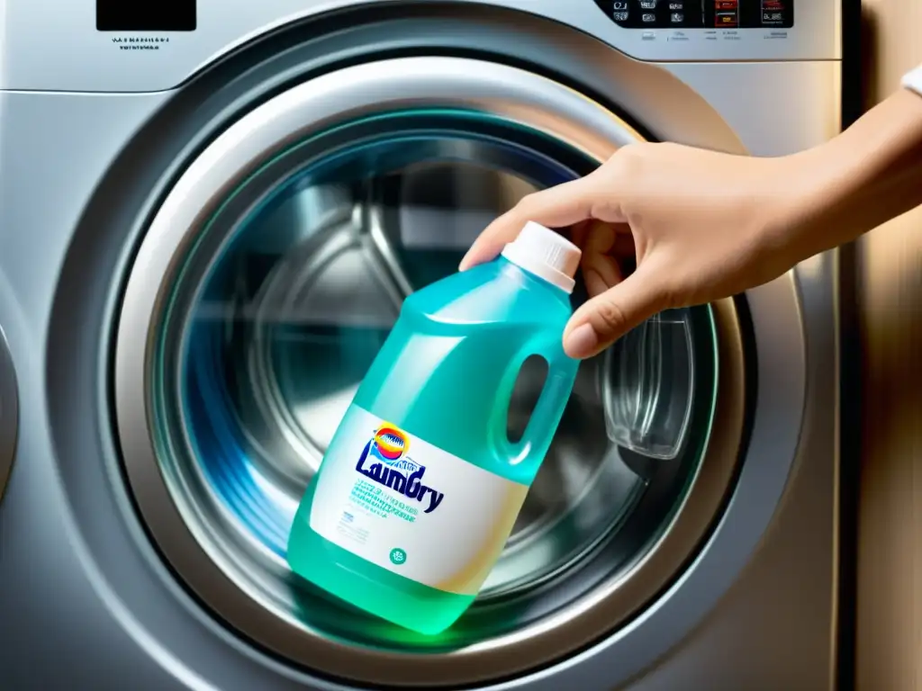 Vertiendo detergente con precisión: cuidado en la colada Derramando con cuidado detergente en lavadora moderna de carga frontal