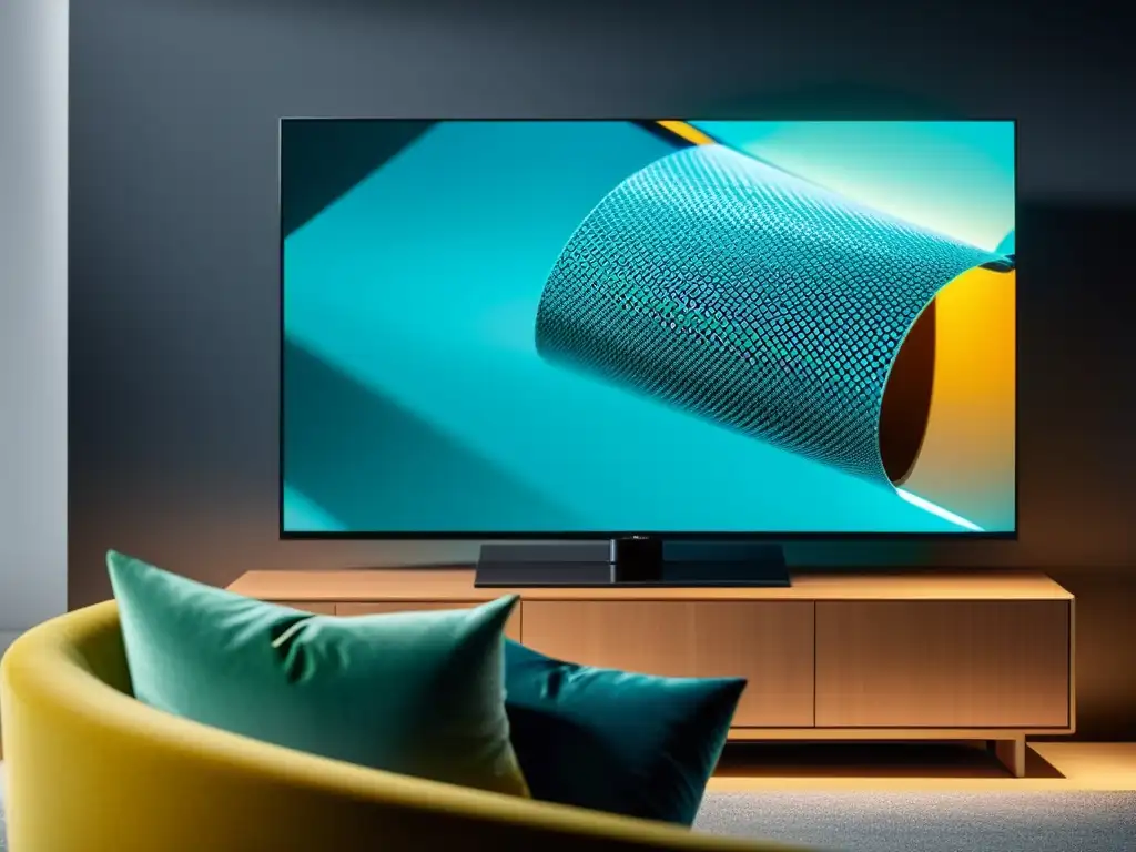 Limpieza impecable de Smart TV 8K con paño de microfibra Cuidado y mantenimiento Smart TV: Persona limpia pantalla de TV con paño microfibra, reflejo en pantalla y luz ambiental resaltan la pulcritud