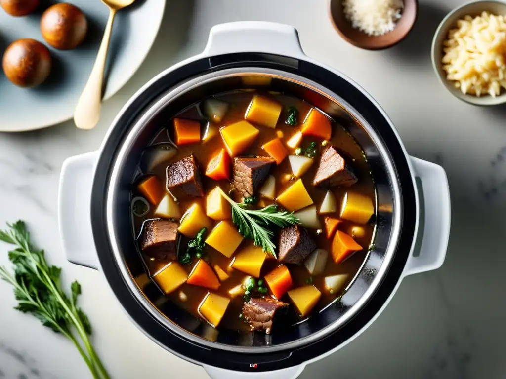 Deliciosa estofa burbujeante en olla moderna Una deliciosa y aromática cocción lenta se exuda de una moderna olla lenta, en una comparativa entre ollas a presión y ollas lentas