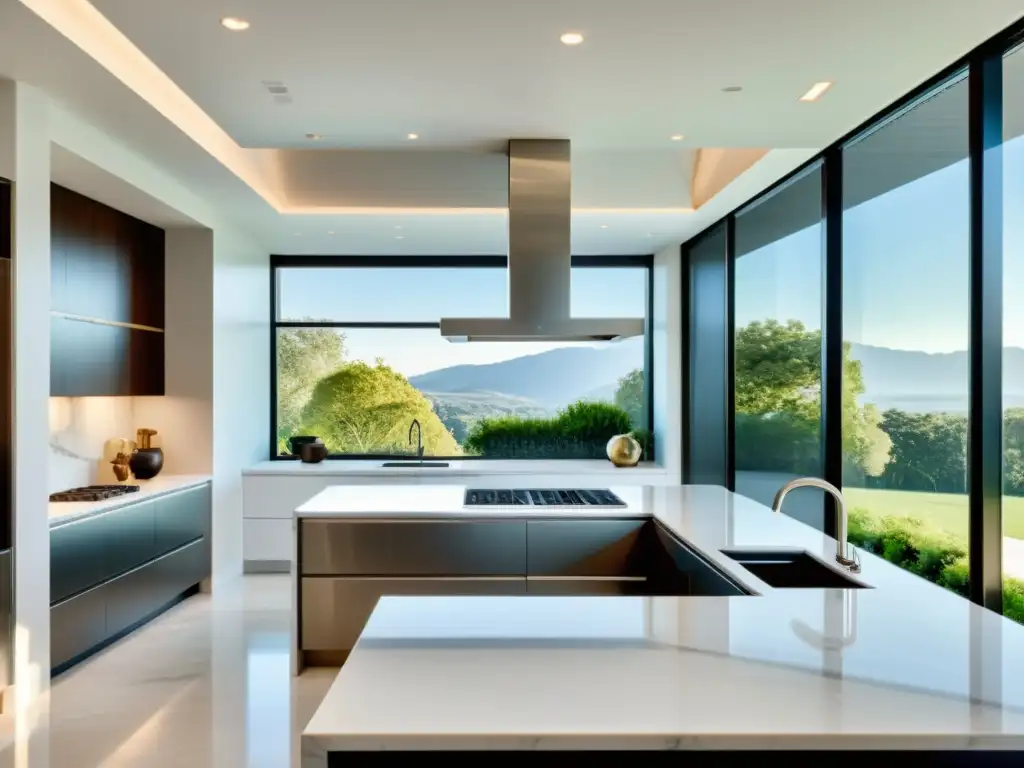 Cocina moderna de lujo con estufa de acero inoxidable y encimeras de mármol Desarrollo histórico cocina a gas en cocina moderna de diseño minimalista con elegantes electrodomésticos y encimeras de mármol