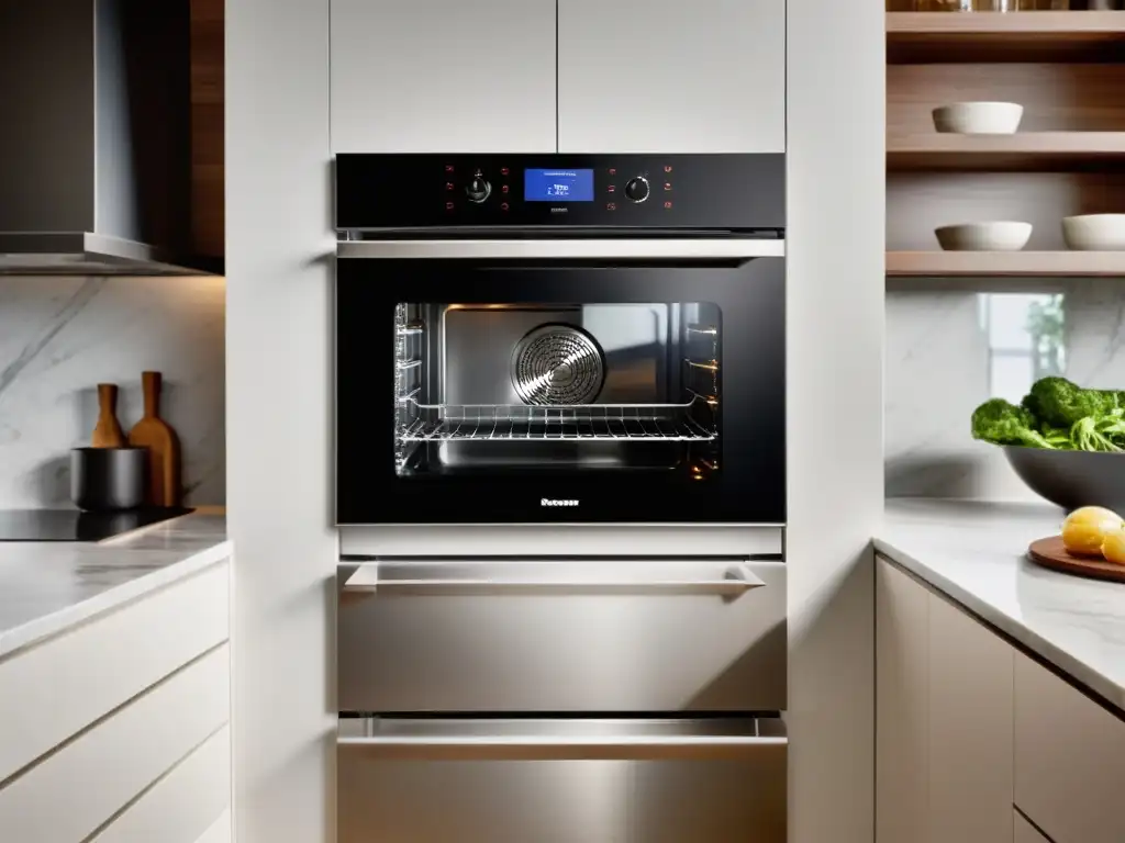 Descuentos en hornos eléctricos para cocina moderna con diseño elegante y minimalista, iluminado por cálida luz LED