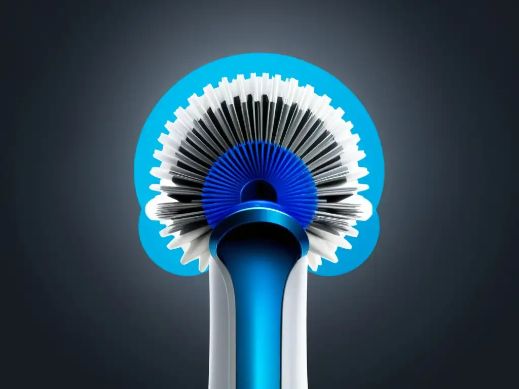 Detalle ultraclaro del cabezal de cepillo OralB Genius X Detallada imagen de la cabeza del cepillo de dientes eléctrico OralB Genius X, resalta su diseño y precisión