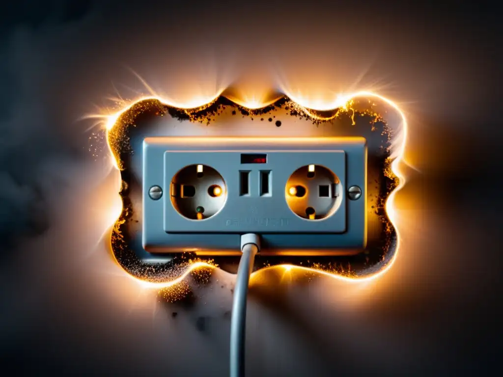 Chispa eléctrica y humo: detallada imagen impactante de un cortocircuito Detallada imagen del cortocircuito en un enchufe con chispas y humo, mostrando la urgencia y peligro