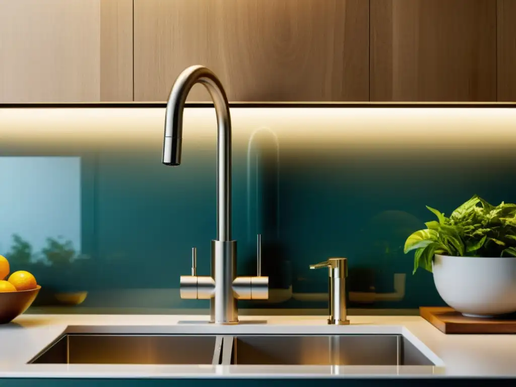 Filtración de agua moderna: tecnología eco-amigable Detallada imagen de un moderno sistema de filtrado de agua integrado bajo un fregadero de cocina, resaltando su tecnología avanzada y diseño ecológico