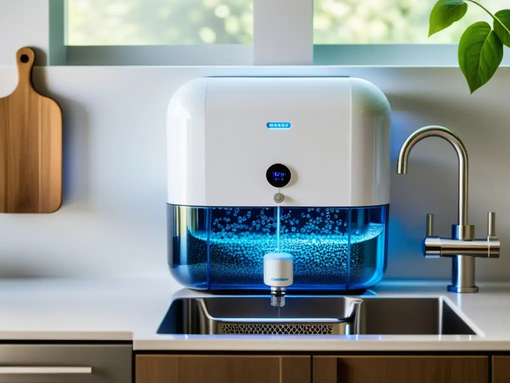 Pureza moderna: Detalle impresionante del sistema de ósmosis inversa Detallada imagen de un moderno sistema de purificación de agua por ósmosis inversa bajo fregadero, con diseño minimalista y tecnología avanzada