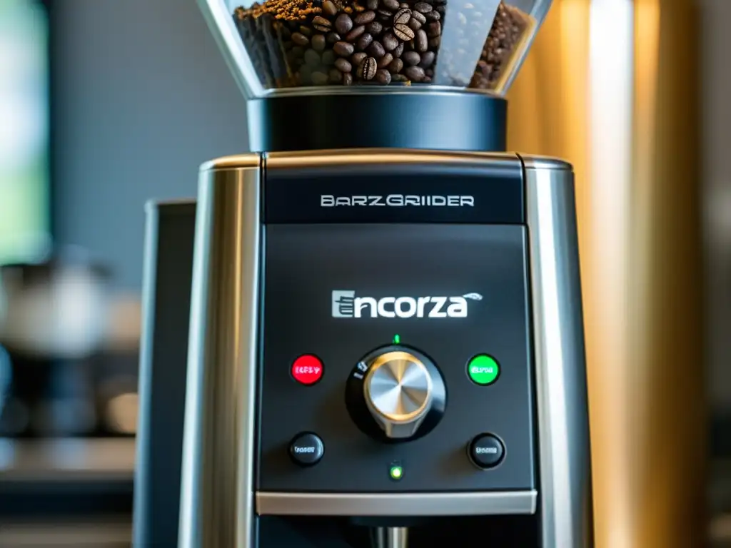 Baratza Encore: Detalles de precisión y elegancia Detallada imagen del molinillo de café Baratza Encore, resaltando su diseño moderno y elegante