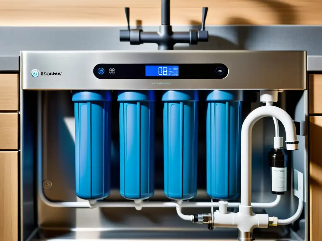 Sistema de purificación de agua de última generación bajo el fregadero Detallada imagen de un sofisticado sistema de purificación de agua por ósmosis inversa en una cocina moderna